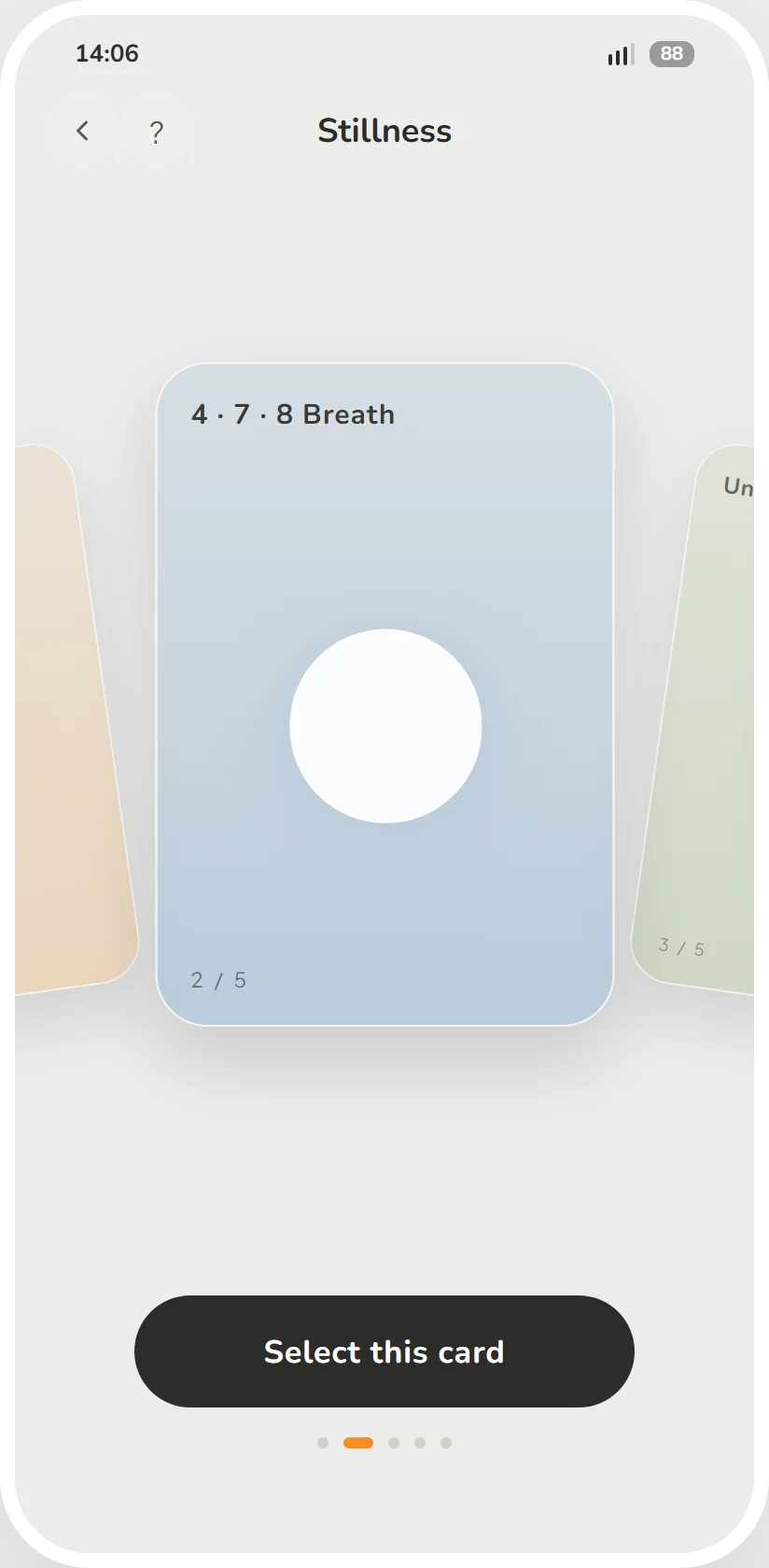 The Tinyo Stillness page: a 4·7·8 breath card fans out between sound and note cards