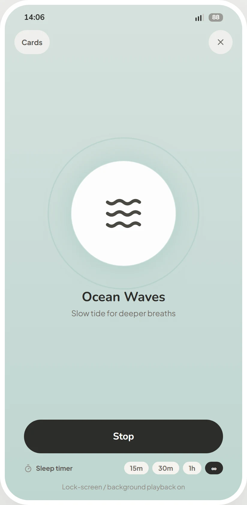 The Ocean Waves soundscape card centered in its carousel: slow tide for deeper breaths